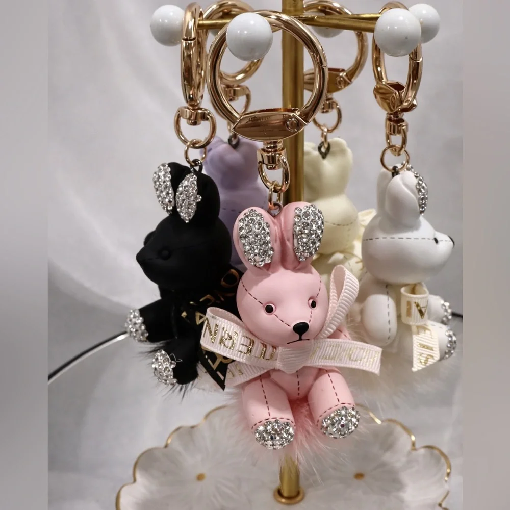 WHITE Bunny Pom Pom Keychain Bag Charm -